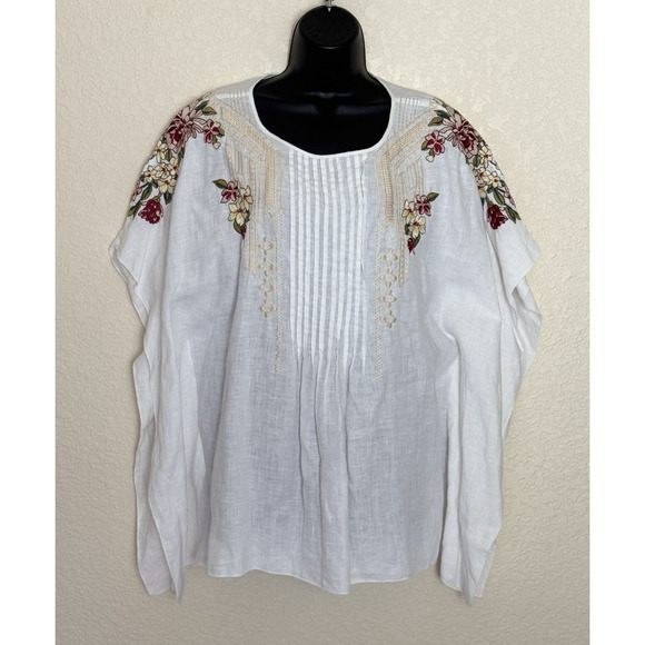 Johnny Was JW Los Angeles Linen Poncho Moji Top Embroidered White Resortwear, L - Picture 1 of 14